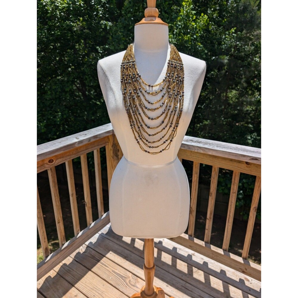 Himalayan Beaded Bibb Necklace Handmade Statement 22" Gold Gunmetal